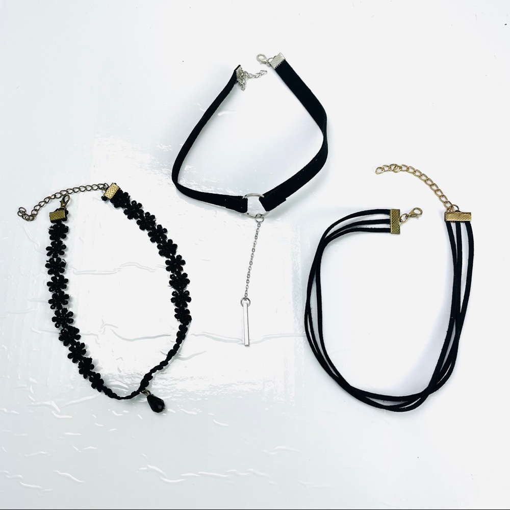3 Black choker necklaces lace, pendants one size
